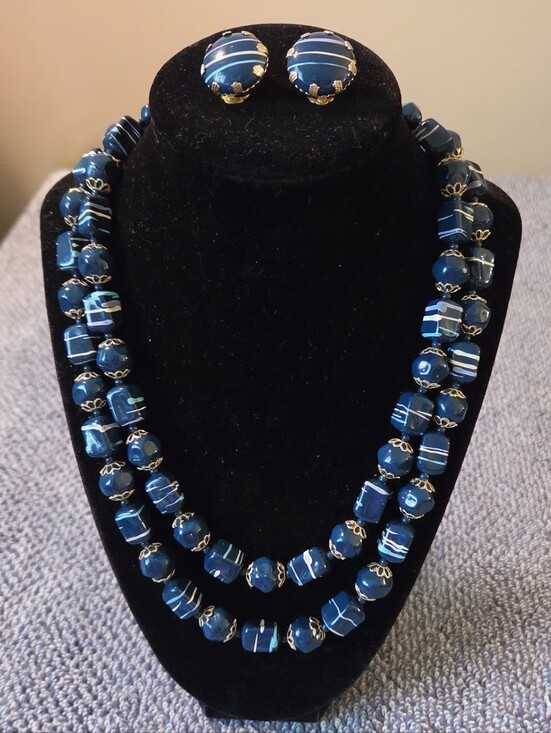Jewelry - VTG 1950s Mid Century Teal Blue Striped Bead Double Strand Necklace Earring Set